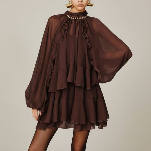 Commense Brown Semi-Sheer Chiffon Ruffle Mini Dress with Cape Overlay – Size XL - Picture 5 of 6